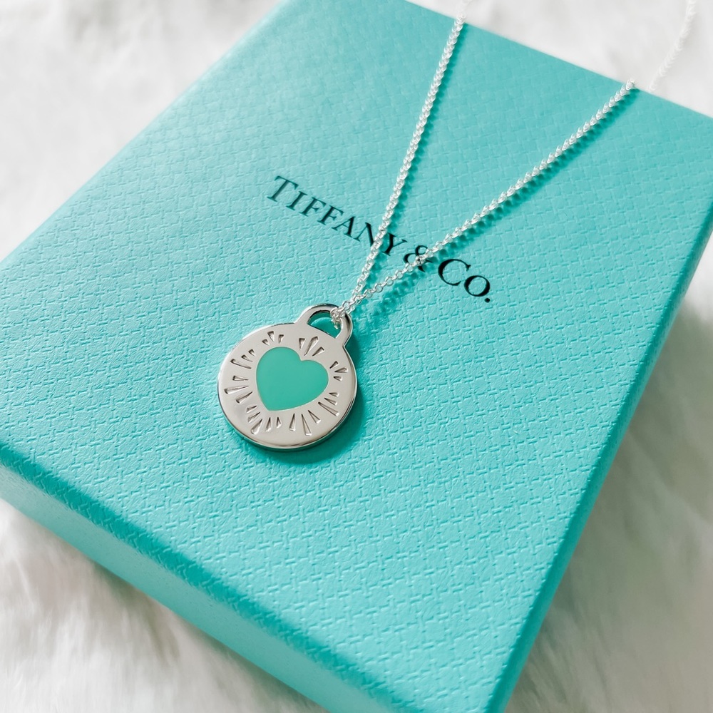 Tiffany and Co RTT blue enamel heart necklace